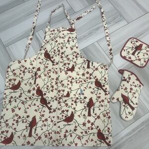 Bird cardinal Print Apron Set with Mitt and Pot Holder